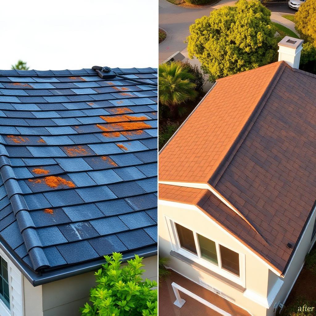 Before and after photo of gaf timberline hdz shingle replacement in Poway, San Diego by California First Roofing