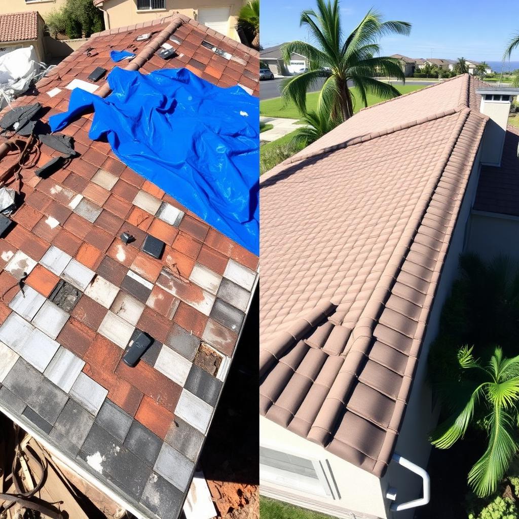 Before and after photo of wind storm emergency restoration in Rancho Bernardo, San Diego by California First Roofing