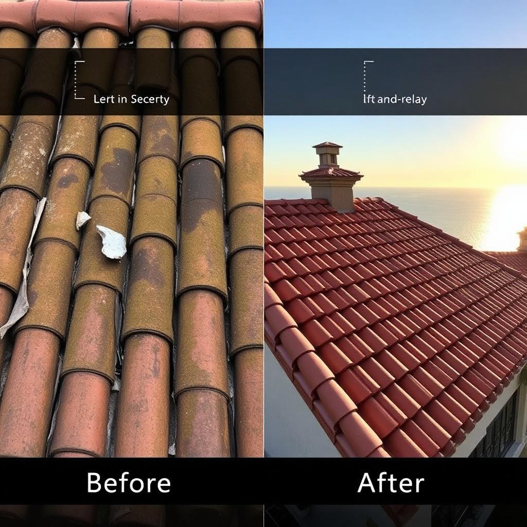 Before and after photo of spanish s-tile lift & relay in La Jolla, San Diego by California First Roofing