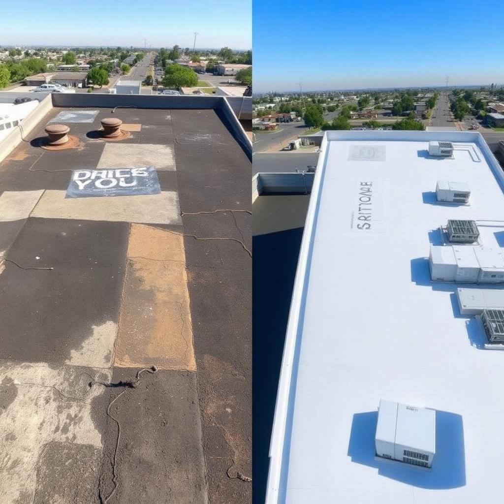 Before and after photo of 60,000 sq ft tpo commercial re-roof in Kearny Mesa, San Diego by California First Roofing